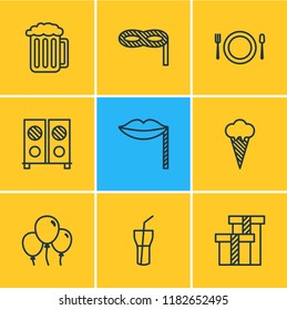 Vector illustration of 9 banquet icons line style. Editable set of balloon, sorbet, carnaval mask and other icon elements.