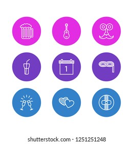 Vector illustration of 9 banquet icons line style. Editable set of guitar, carnaval mask, beer and other icon elements.