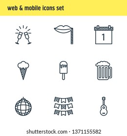 Vector illustration of 9 banquet icons line style. Editable set of bunting, sorbet, disco sphere and other icon elements.