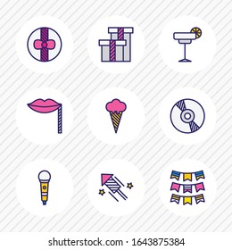 Vector illustration of 9 banquet icons colored line. Editable set of cd, gift boxes, microphone and other icon elements.