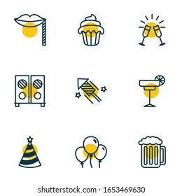 Vector illustration of 9 banquet icons line style. Editable set of wineglasses, firework, balloon and other icon elements.