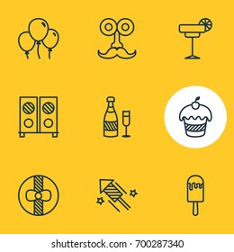Vector Illustration Of 9 Banquet Icons. Editable Pack Of Speaker, Firecracker, Gift And Other Elements.