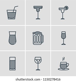 Vector illustration of 9 beverage icons line style. Editable set of turkish tea, juice, wineglass and other icon elements.