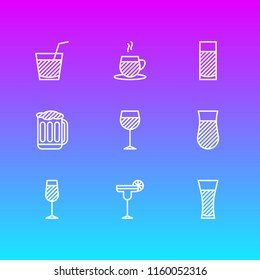 Vector illustration of 9 beverage icons line style. Editable set of soda, cappuccino, water glass and other icon elements.