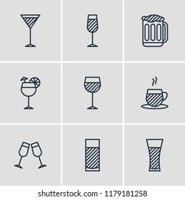 Vector illustration of 9 beverage icons line style. Editable set of soda, cappuccino, goblet and other icon elements.