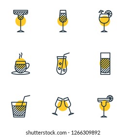 Vector illustration of 9 beverage icons line style. Editable set of water glass, martini, juice and other icon elements.