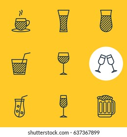 Vector Illustration Of 9 Beverage Icons. Editable Pack Of Wineglass, Goblet, Lemonade And Other Elements.