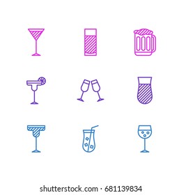 Vector Illustration Of 9 Beverage Icons. Editable Pack Of Draught, Beverage, Cocktail And Other Elements.