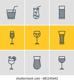 Vector Illustration Of 9 Beverage Icons. Editable Pack Of Lemonade, Glass, Juice And Other Elements.