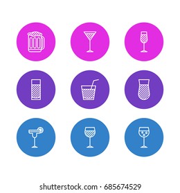 Vector Illustration Of 9 Beverage Icons. Editable Pack Of Beverage, Goblet, Champagne And Other Elements.
