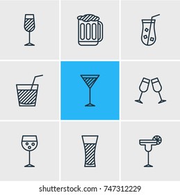 Vector Illustration Of 9 Beverage Icons. Editable Pack Of Goblet, Lemonade, Martini And Other Elements.