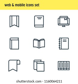 Vector Illustration Of 9 Book Icons Line Style. Editable Set Of Spiral Book, Ribbon, Textbook And Other Icon Elements.