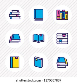 Vector illustration of 9 book icons colored line. Editable set of bookshelf, read, notepad and other icon elements.