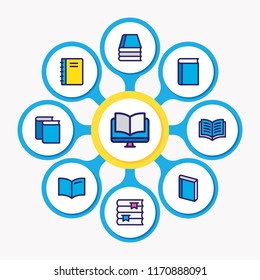Vector illustration of 9 book icons colored line. Editable set of spiral book, handbook, bookshelf icon elements.