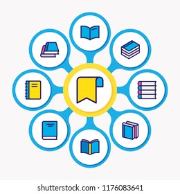 Vector illustration of 9 book icons colored line. Editable set of spiral book, document, encyclopedia and other icon elements.