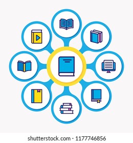 Vector illustration of 9 book icons colored line. Editable set of encyclopedia, literature, notebook and other icon elements.