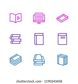 Vector illustration of 9 book icons line style. Editable set of audio book, novel, literature and other icon elements.