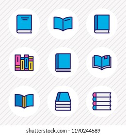 Vector illustration of 9 book icons colored line. Editable set of schoolbook, read, encyclopedia and other icon elements.