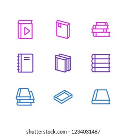 Vector illustration of 9 book icons line style. Editable set of player, lecture, dictionary and other icon elements.