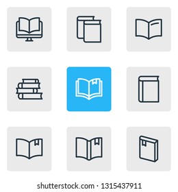 Vector illustration of 9 book icons line style. Editable set of ebook, handbook, textbook icon elements.
