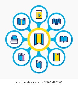 Vector illustration of 9 book icons colored line. Editable set of publishing, knowledge, bookmarking and other icon elements.