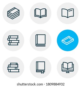 Ilustración vectorial de 9 iconos de libro estilo de línea. Conjunto editable de elementos de documento, bloc de notas, publicación y otros elementos de icono.