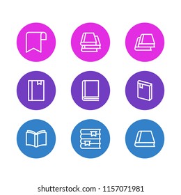 Vector illustration of 9 book reading icons line style. Editable set of copybook, learn, ribbon and other icon elements.