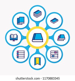 Vector illustration of 9 book reading icons colored line. Editable set of library, bookstore, bookmark and other icon elements.