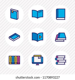 Vector illustration of 9 book reading icons colored line. Editable set of publication, dictionary, library and other icon elements.