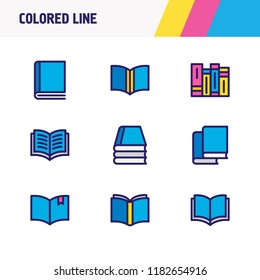 Vector illustration of 9 book reading icons colored line. Editable set of learn, publishing, knowledge and other icon elements.