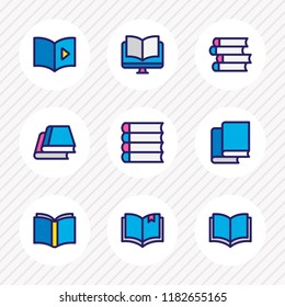 Vector illustration of 9 book reading icons colored line. Editable set of schoolbook, library, audio book and other icon elements.