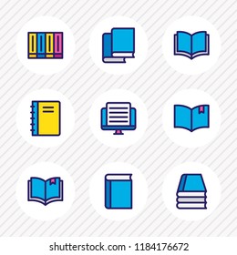 Vector illustration of 9 book reading icons colored line. Editable set of spiral book, read, textbook and other icon elements.