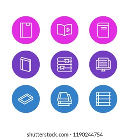 Vector illustration of 9 book reading icons line style. Editable set of schoolbook, novel, article and other icon elements.