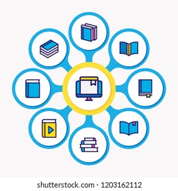 Vector illustration of 9 book reading icons colored line. Editable set of lecture, book reading, learning and other icon elements.