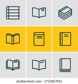 Ilustración vectorial de 9 iconos de lectura de libros estilo de línea. Conjunto editable de copybook, lectura de libros, libros de texto y otros elementos de icono.