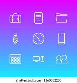 Vector illustration of 9 bureau icons line style. Editable set of computer, calendar, suitcase and other icon elements.