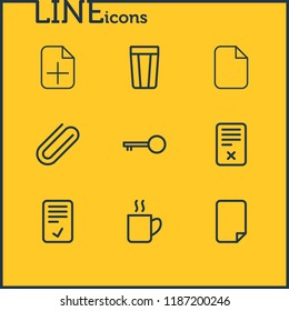 Vector illustration of 9 bureau icons line style. Editable set of add, trash bin, key and other icon elements.