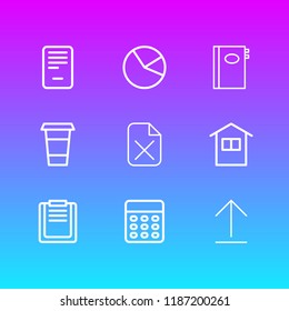 Vector illustration of 9 bureau icons line style. Editable set of calculator, upload, file board and other icon elements.