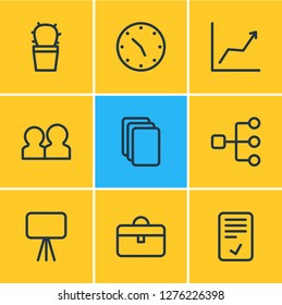 Vector illustration of 9 bureau icons line style. Editable set of graph, structure, data and other icon elements.