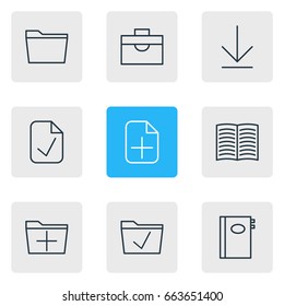 Vector Illustration Of 9 Bureau Icons. Editable Pack Of Portfolio, Template, Plus And Other Elements.