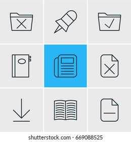 Vector Illustration Of 9 Bureau Icons. Editable Pack Of Note, Delete, Downloading And Other Elements.