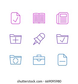 Vector Illustration Of 9 Bureau Icons. Editable Pack Of Portfolio, Textbook, Loading And Other Elements.