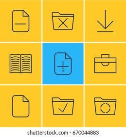 Vector Illustration Of 9 Bureau Icons. Editable Pack Of Textbook, Loading, Downloading And Other Elements.