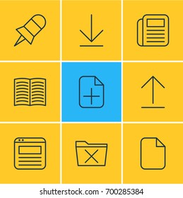Vector Illustration Of 9 Bureau Icons. Editable Pack Of Note, Delete, Textbook And Other Elements.