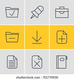 Vector Illustration Of 9 Bureau Icons. Editable Pack Of Remove, Downloading, Portfolio And Other Elements.