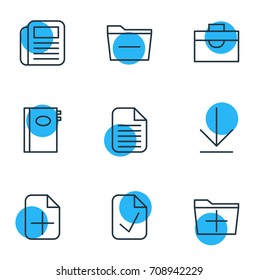 Vector Illustration Of 9 Bureau Icons. Editable Pack Of Plus, Deleting Folder, Portfolio And Other Elements.