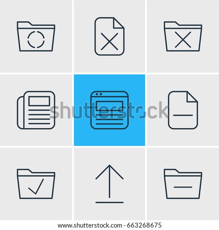 Vector Illustration Of 9 Bureau Icons. Editable Pack Of Deleting Folder, Page, Minus And Other Elements.