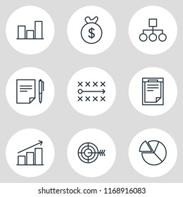 Vector illustration of 9 business icons line style. Editable set of strategy, target, contract and other icon elements.