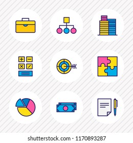 Vector illustration of 9 business icons colored line. Editable set of pie chart, contract, target and other icon elements.