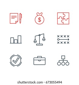Vector Illustration Of 9 Business Icons. Editable Pack Of Scheme, Balance, Riddle And Other Elements.